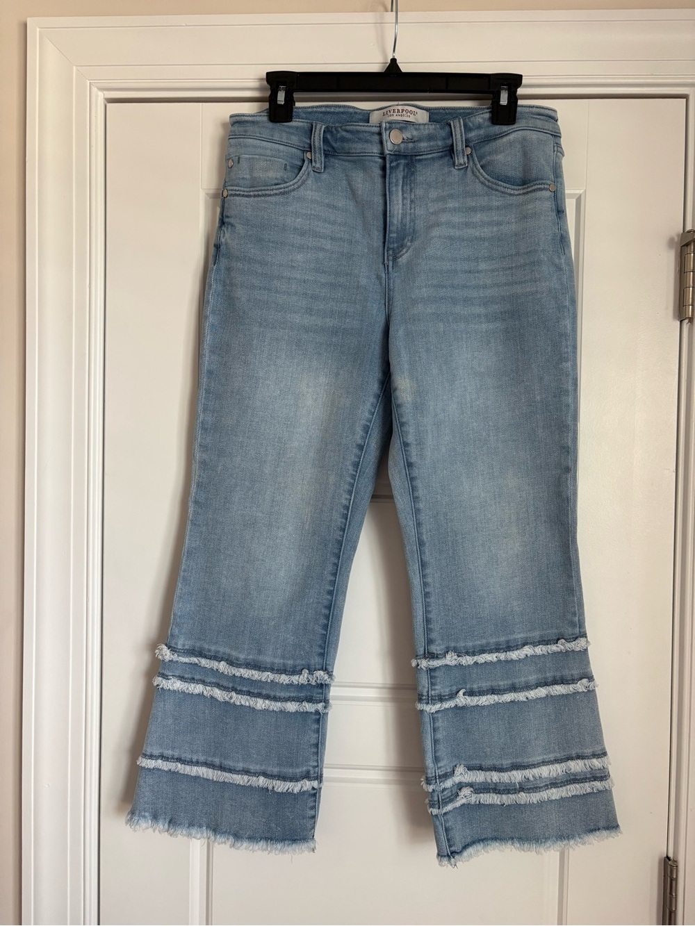 Liverpool Light Blue Cropped Jeans with Frayed Tiered Hems